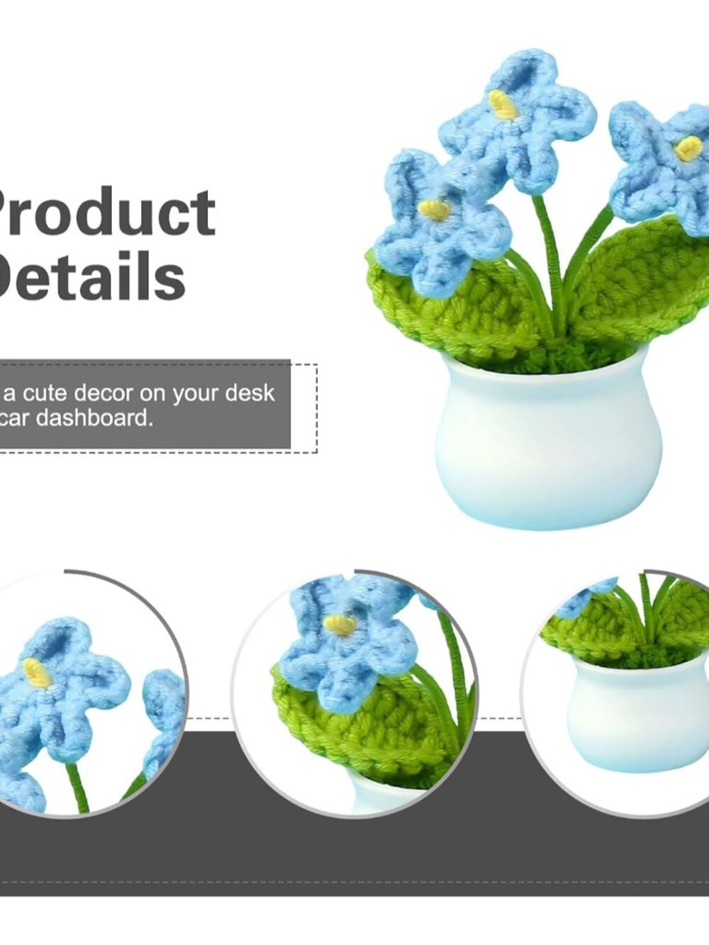 Crochet Flowers, Cute Artifical Flower for Car Dashboard Decor, Mini Handmade Cr - Picture 3 of 7